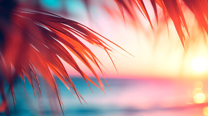 Summer vacation  defocused background blurred sunset over the ocean and palm leaves frame banner