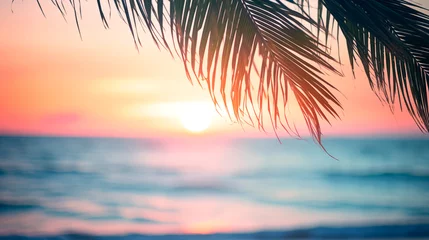 Rolgordijnen Summer vacation  defocused background blurred sunset over the ocean and palm leaves frame banner © KEA