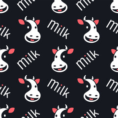 Seamless pattern with cow and milk lettering.