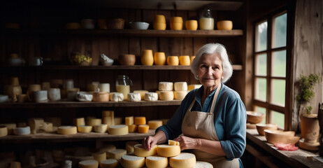 elderly woman farmer makes cheese. Farm dairy products - obrazy, fototapety, plakaty