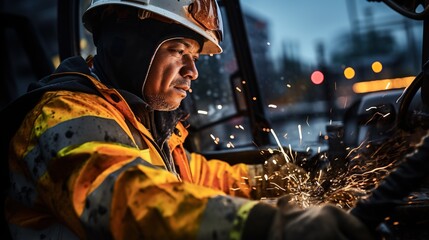 Construction worker using a grinder in the evening