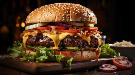 A delicious cheeseburger with a sesame seed bun, lettuce, tomato, onion, and pickles - obrazy, fototapety, plakaty