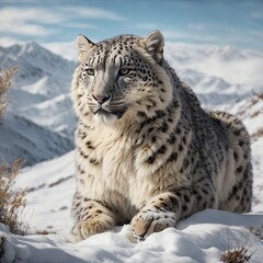 a digital painting of a sleek and elusive snow leopard in its natural snowy habitat, highlighting the creature's grace and beauty in a snowy mountain landscape.