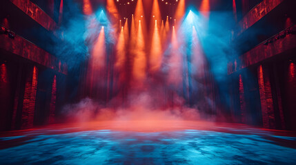 Theater stage light background with spotlight illuminated the stage.. Empty stage with bright colors backdrop decoration. Entertainment show. - obrazy, fototapety, plakaty
