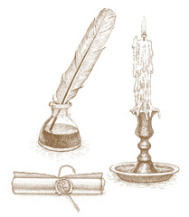Ink and pen, paper scroll and candle drawn by hand