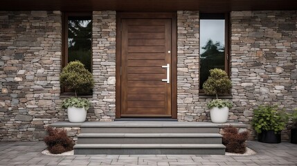 Modern main entrance wooden door with glass, plants on the floor, stone wall. - obrazy, fototapety, plakaty