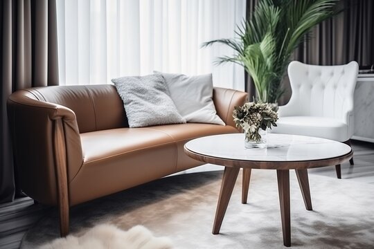 Modern living room interior with brown leather sofa and white armchair