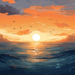 Tranquil evening seascape with setting sun and flying birds