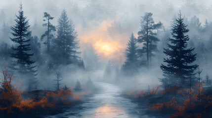 Fototapeta premium Watercolor foggy forest landscape illustration. Wild nature in wintertime.