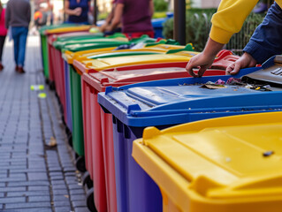 Rows of recycling bins with people disposing of waste - obrazy, fototapety, plakaty