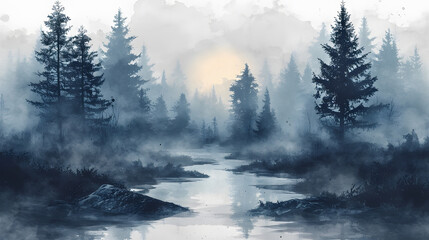 Watercolor foggy forest landscape illustration. Wild nature in wintertime. - obrazy, fototapety, plakaty
