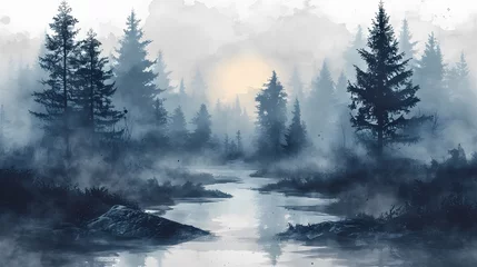 Fotobehang Watercolor foggy forest landscape illustration. Wild nature in wintertime. © Clipart Collectors