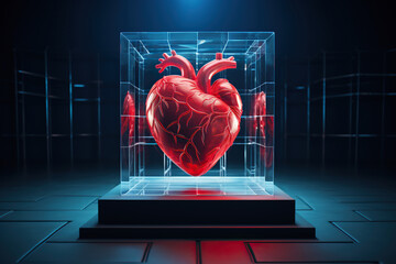 Red 3D human heart in a glass cube on a podium. Generated by artificial intelligence - obrazy, fototapety, plakaty