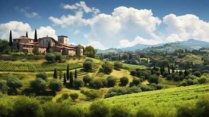 Tuscan landscape with a villa and cypress trees