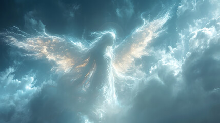 Angel spirit across a bright blue sky with clouds 