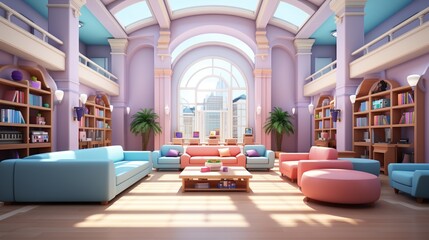 A living room with a large window and a lot of bookshelves - obrazy, fototapety, plakaty