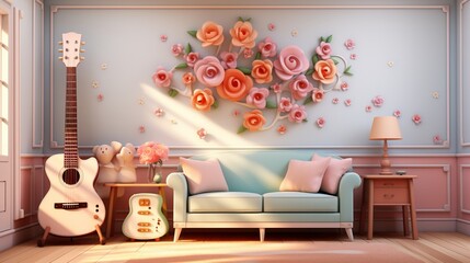 3D rendering of a cozy living room with pink and blue pastel colors