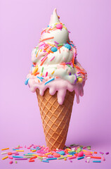  Ice cream in sugar cones on the pink background