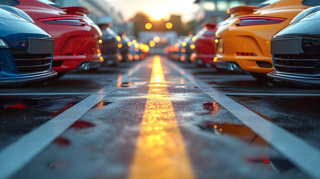 Car parked at outdoor parking lot. Used car for sale and rental service. Automobile parking area. Car dealership and dealer agent concept. 