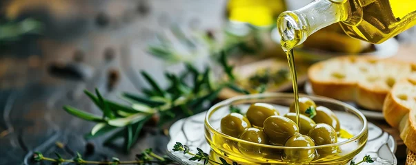 Fototapeten olden olive oil bottle pouring over green olives plate with thyme and aromatic herbs leaves  © bissmillah