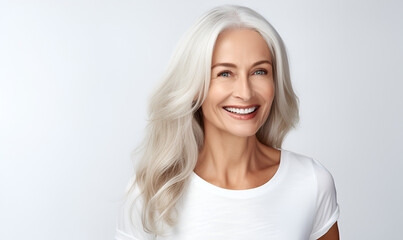 Beautiful middle-aged woman on a gray background.