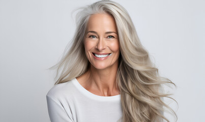 Fototapeta premium Beautiful middle-aged woman on a gray background.