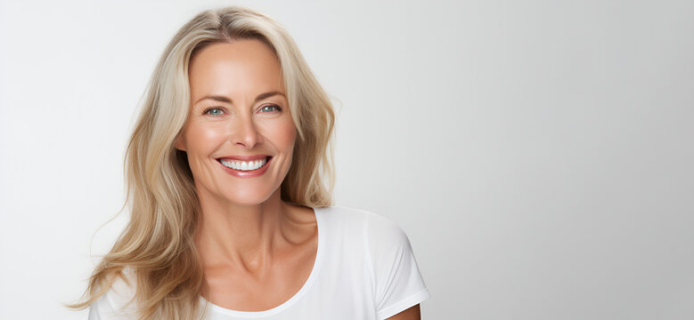 Beautiful middle-aged woman on a gray background.
