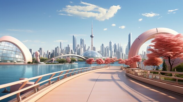 futuristic city with a pink theme