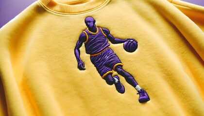 Broderie sur tissu jaune : Basketteur en plein dribble