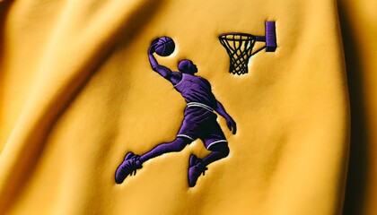 Broderie sur tissu jaune : Basketteur en plein saut - obrazy, fototapety, plakaty