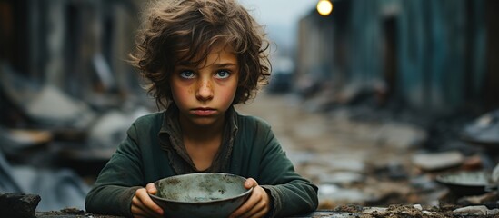 Hungry palestine poor boy with beautiful eyes kid with an empty plate. Holding empty plate in his hands - obrazy, fototapety, plakaty