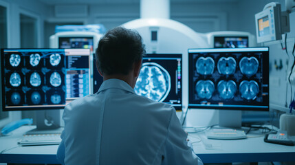 A dedicated male doctor closely examines brain scans on screens in an MRI control room - obrazy, fototapety, plakaty
