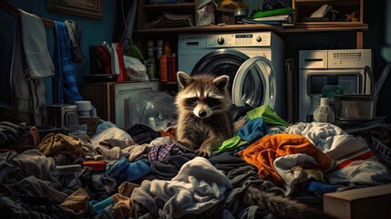 Raccoon Amidst Home Chaos and Clutter in Laundry Room Generative AI - obrazy, fototapety, plakaty