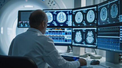 In the MRI control room, a doctor's expertise ensures accurate brain scan interpretations