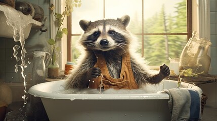 Cute raccoon in tub having fun in a vintage bathroom Generative AI - obrazy, fototapety, plakaty
