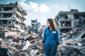 nurse rescuer stands and looks at the camera behind a destroyed building - obrazy, fototapety, plakaty