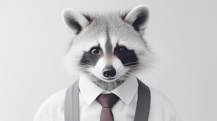 Stylish Raccoon in Suit and Tie on White Background Generative AI