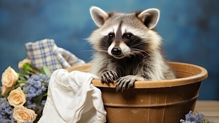 Curious Raccoon Peeking From a Wooden Tub with Flowers Generative AI