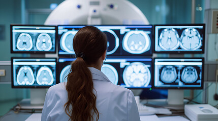 A woman doctor's dedicated effort in examining brain scans displayed on multiple screens