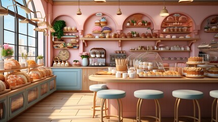 Pink bakery shop interior with cakes and pastries on display