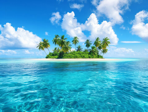 Tropical island in Maldives with few palm trees. 3D render