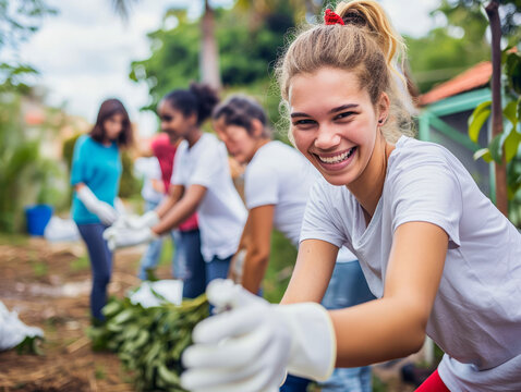 Portrait of smiling young woman working in garden center with her team