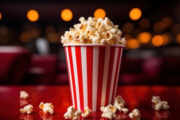 A red and white striped bucket of popcorn sits on a red table against a blurry background of yellow lights.