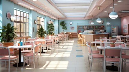 90s style cafeteria interior with pink chairs and blue walls