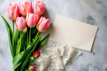 bouquet of pink tulips together with note paper and lace Generative AI