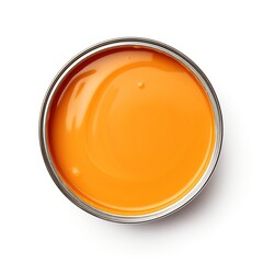 Open tin can of orange paint on a white background, top view. Open a round can of bright orange paint. Ideal paint texture, uniform warm color. Template for palette, sticker. - obrazy, fototapety, plakaty