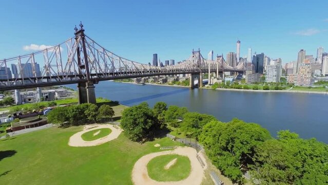 Playground in Queensbridge Park near Queensboro Bridge at summer