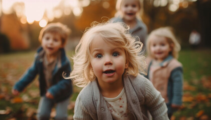 Fototapeta premium Smiling children playing outdoors in autumn, enjoying nature cheerful embrace generated by AI