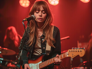 Obraz premium A hipster girl with long hair plays the guitar and sings into a microphone at a concert in a club against the background of a group of musicians
