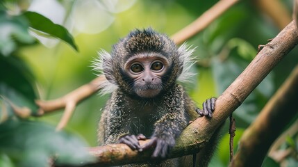 Cute small monkey sitting on branch, looking at camera generated by AI